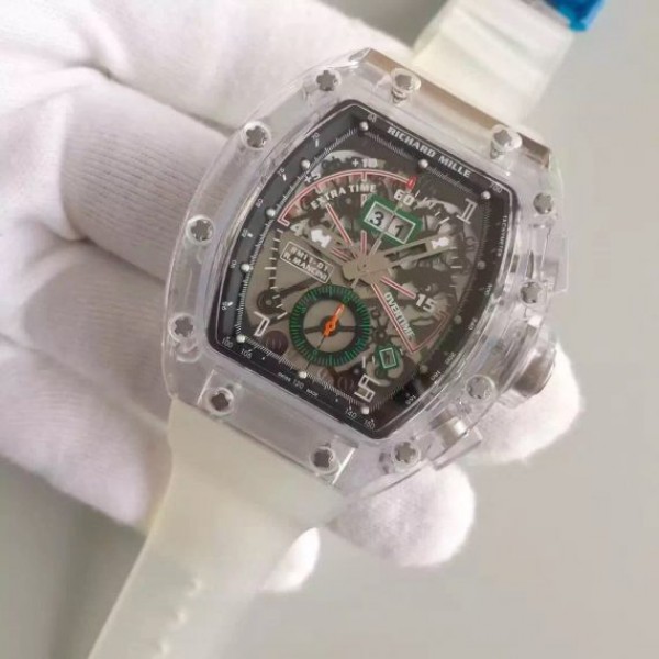 Replica Richard Mille RM011 Transparent Case Black/Green Bezel Skeleton Dial White Rubber Strap A7750