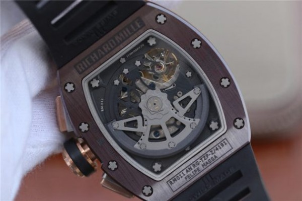 Replica Richard Mille RM011 Brown Ceramic RG Chrono Skeleton Dial Black Rubber Strap A7750