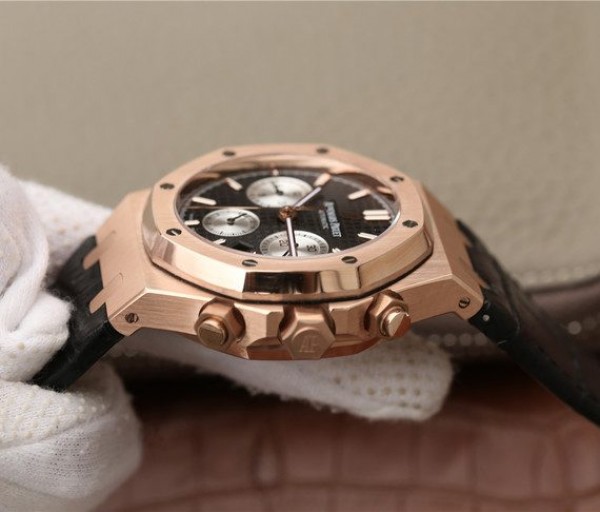 Replica Audemars Piguet Royal Oak Chronograph 26331 RG Black Dial Leather Strap A7750