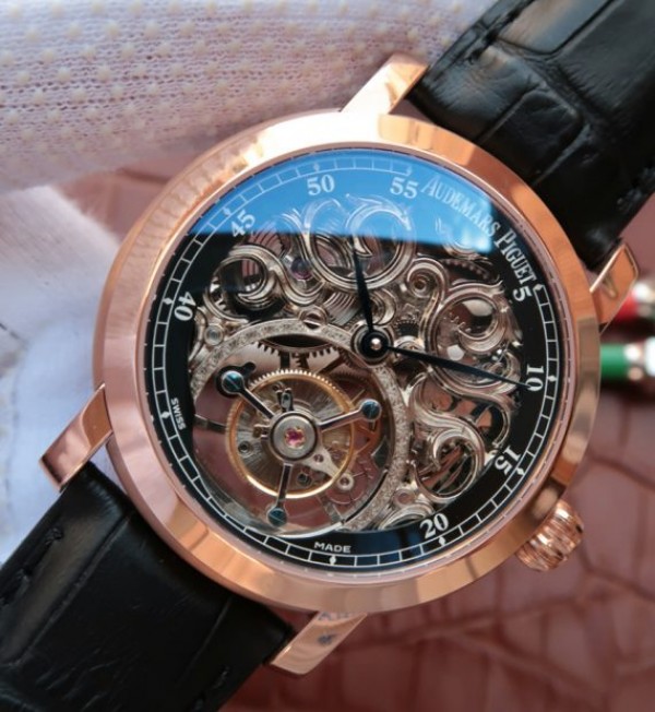 Replica Audemars Piguet Jules Audemars Skeleton Tourbillon RG Dial Leather Strap