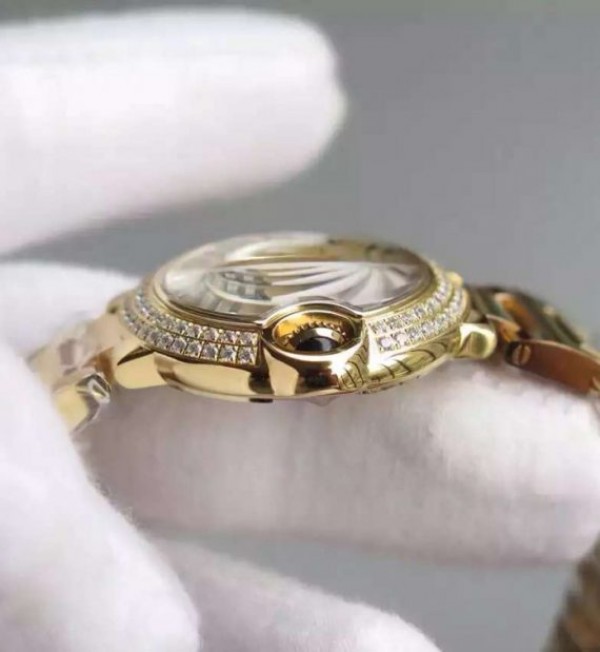 Replica Cartier Ballon Bleu 28mm YG Diamonds Bezel White Dial Bracelet Ronda Quartz