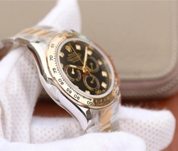 Replica Rolex Daytona 116523 Thick YG Wrapped Black Dial Diamonds Markers SS/YG Bracelet A7750