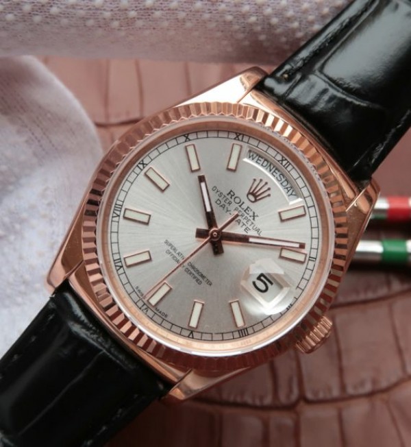 Replica Rolex Day-Date 118135 RG Silver Dial Black Leather Strap A2836