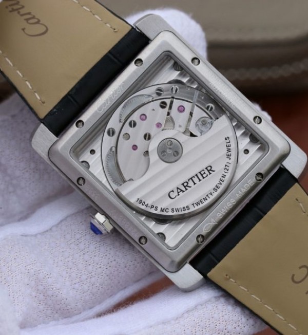 Replica Cartier Tank MC SS Black Textured Dial Black Leather Strap