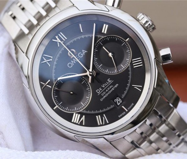 Replica Omega OMF De Ville Chronograph 42mm Black Dial SS Bracelet A9300