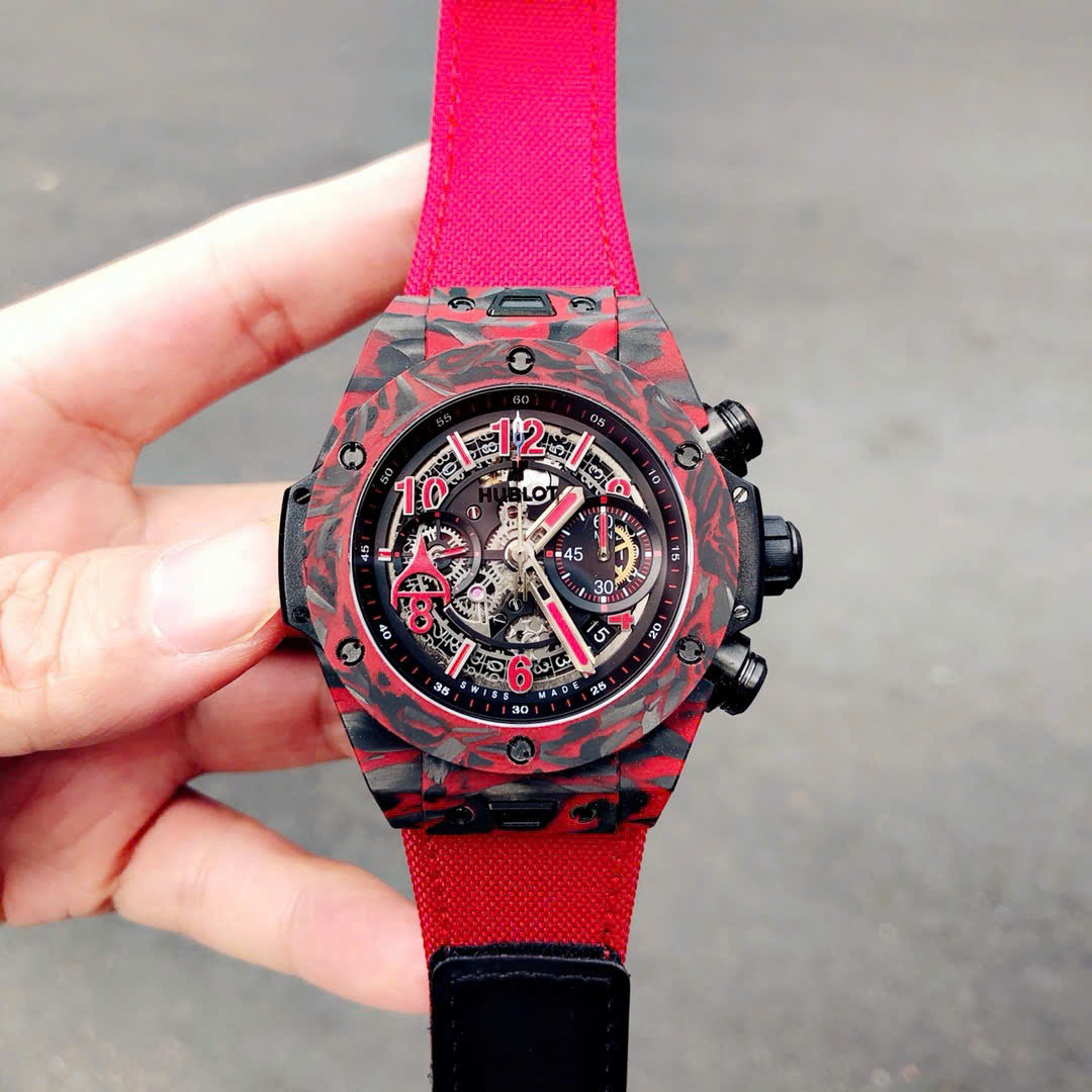 Hublot Big Bang Unico Red Carbon Replica Watches Best Quality Fabric Strap 45mm