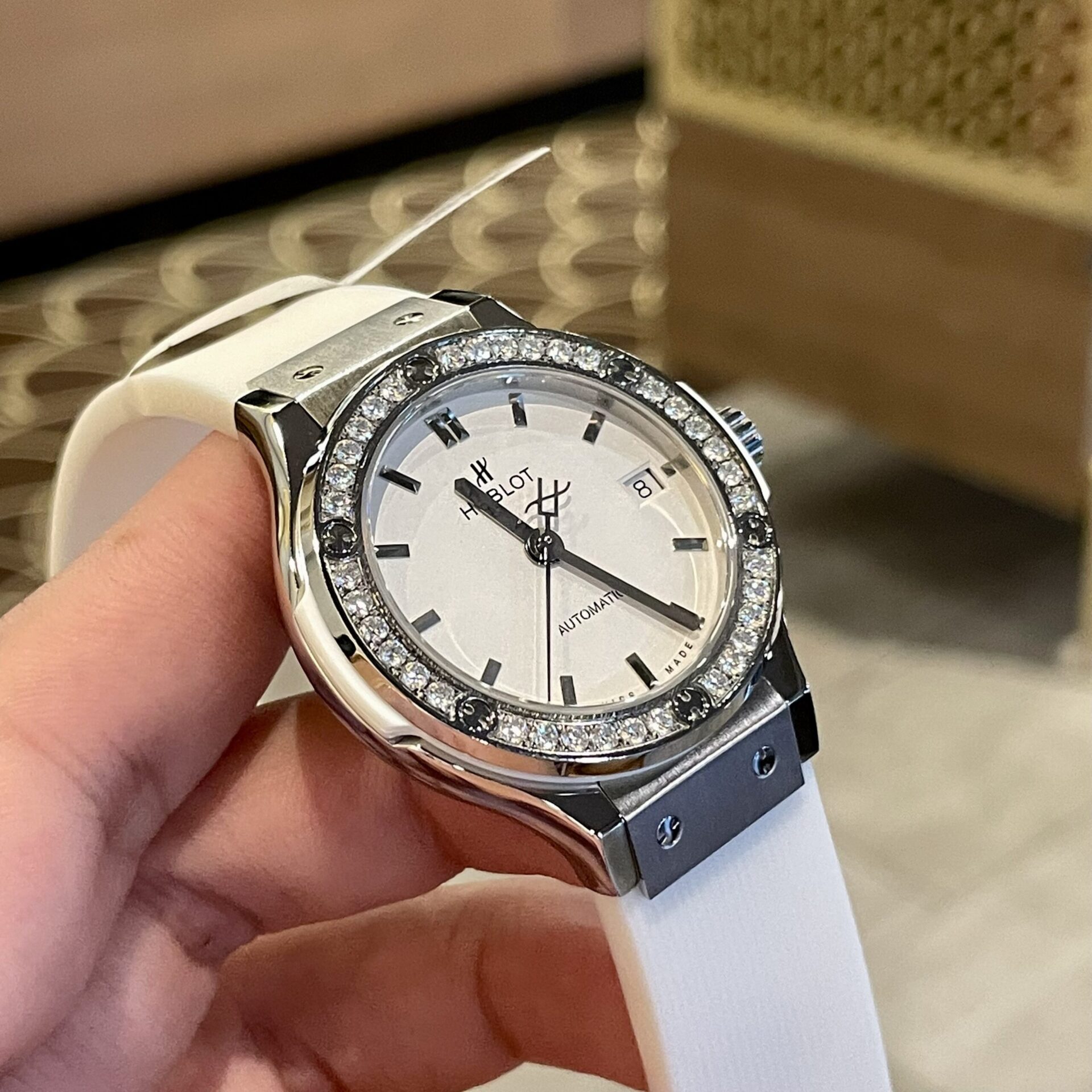 Hublot Replica Watch Classic Fusion White Dial Custom Moissanite Diamonds 38mm