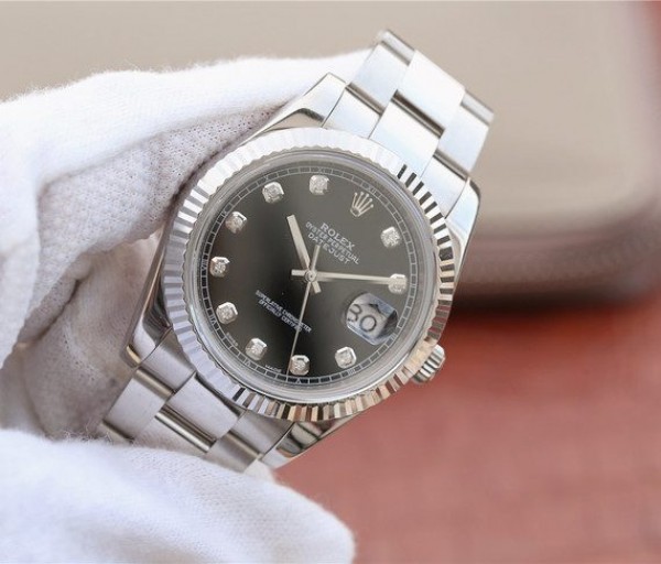 Replica Rolex DateJust 41mm 126334 Fluted Bezel Black Dial Diamonds Markers Jubilee Bracelet A3235
