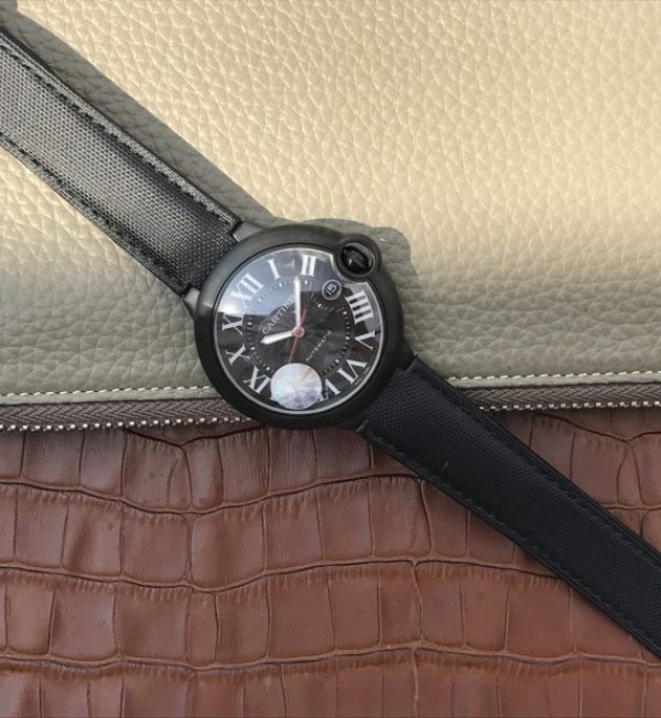 Replica Cartier JF Ballon Bleu 42mm DLC All Black Black Textured Dial Leather Strap A1847