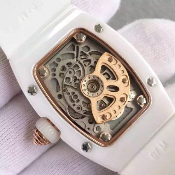 Replica Richard Mille RM007-01 Lady SS Diamonds Black Dial RG White Rubber Strap 6T51