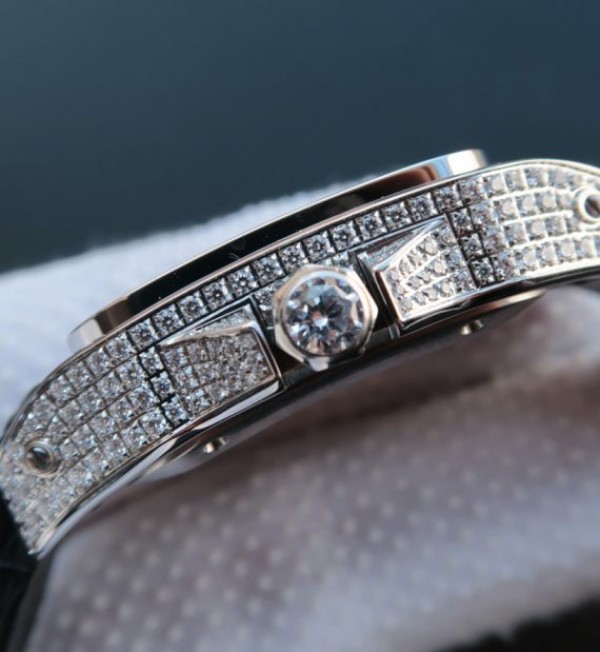 Replica Cartier V6 Santos 100 41mm White Dial Diamond Bezel Black Leather Strap A2824