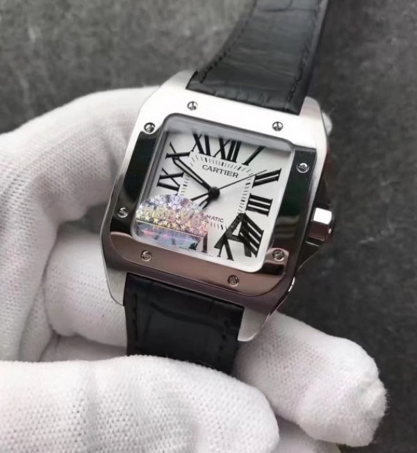 Replica Cartier Santos 100 33mm SS White Dial Black Leather Strap SEIKO NH05A