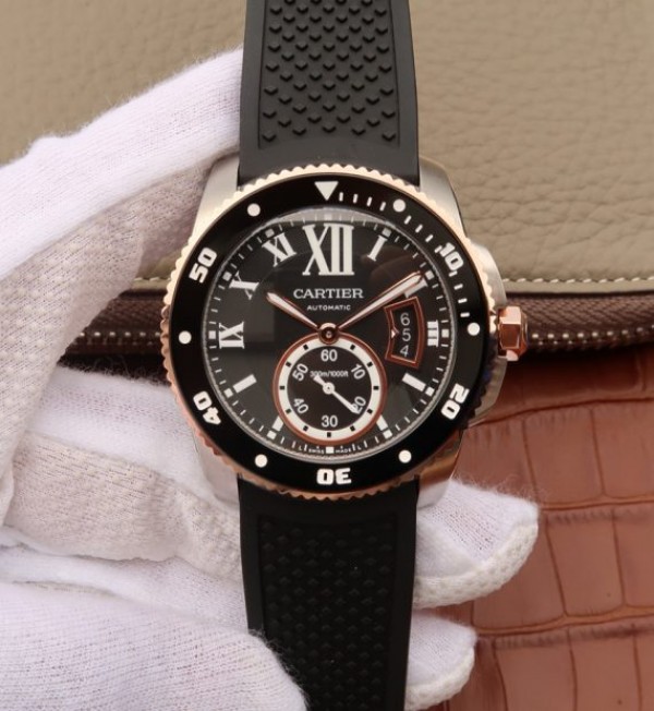 Replica Cartier JJF Calibre De Cartier Diver SS Black Dial RG Bezel Black Rubber Strap A23J
