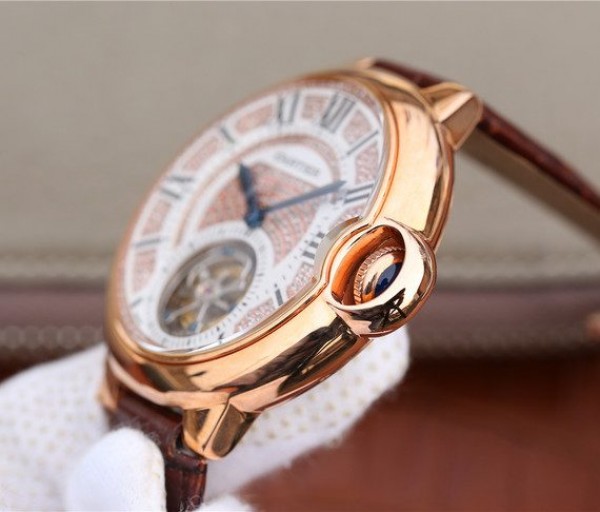 Replica Cartier Ballon Bleu de Cartier Tourbillon RG Leather Strap Diamonds Dial