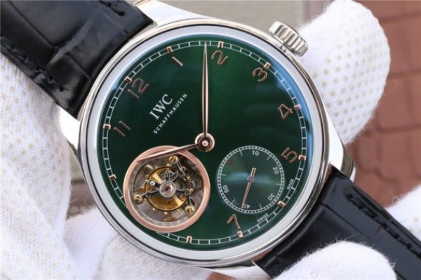 Replica IWC Portuguese Tourbillon IW5463 SS YLF Green Dial RG Markers Black Leather Strap A98900