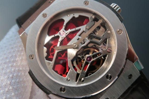 Replica Hublot Classic Fusion Tourbillon 45mm TF Red Skeleton Dial Black Gummy Strap A23J