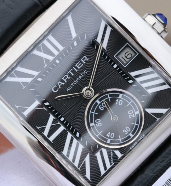Replica Cartier Tank MC SS Black Textured Dial Black Leather Strap