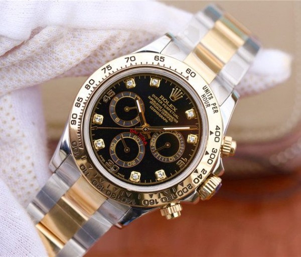 Replica Rolex Daytona 116523 Thick YG Wrapped Black Dial Diamonds Markers SS/YG Bracelet A7750