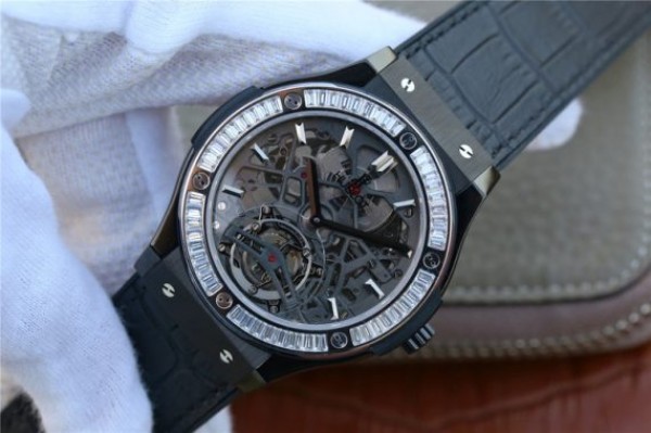 Replica Hublot Classic Fusion Tourbillon 42mm TF SS PVD Diamonds Bezel Skeleton Dial Gummy Strap A23J