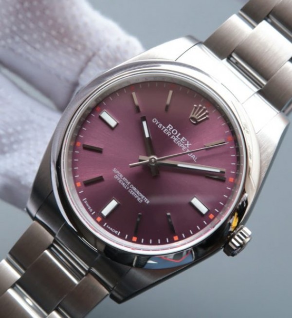 Replica Rolex Oyster Perpetual 39mm 114300 Red Grape Dial on SS Bracelet SH3132