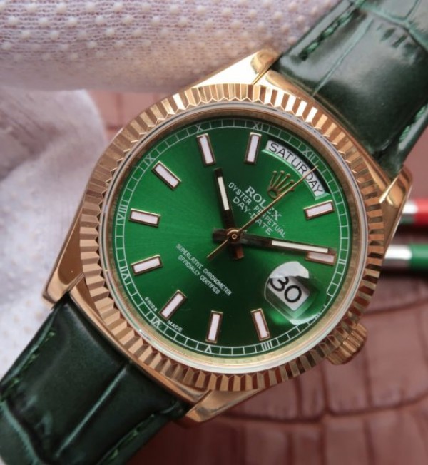 Replica Rolex Day-Date 118138 YG Green Dial Green Leather Strap A2836