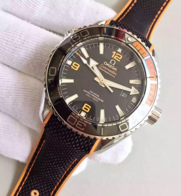 Replica Omega OMF Planet Ocean 42mm Black/Orange Bezel Black Dial Nylon Strap A8900