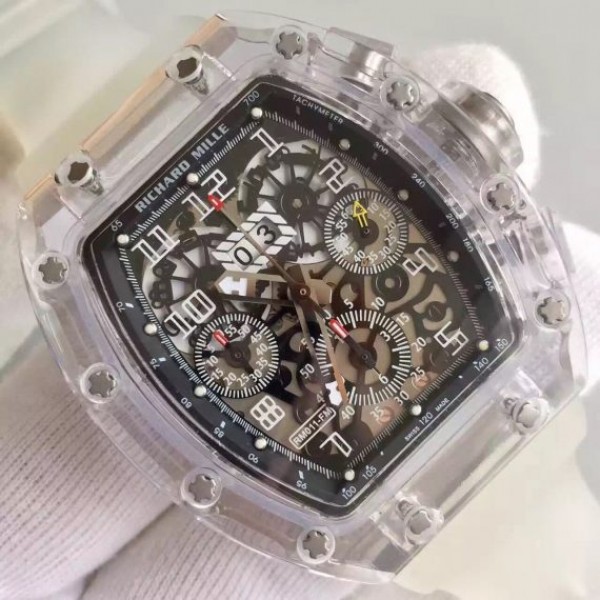 Replica Richard Mille RM011 Transparent Case White Bezel Skeleton Dial White Rubber Strap A7750