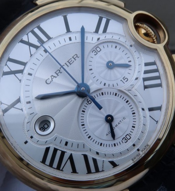 Replica Cartier Ballon Bleu De Cartier Chrono 47mm YG White Dial Leather Strap A8101