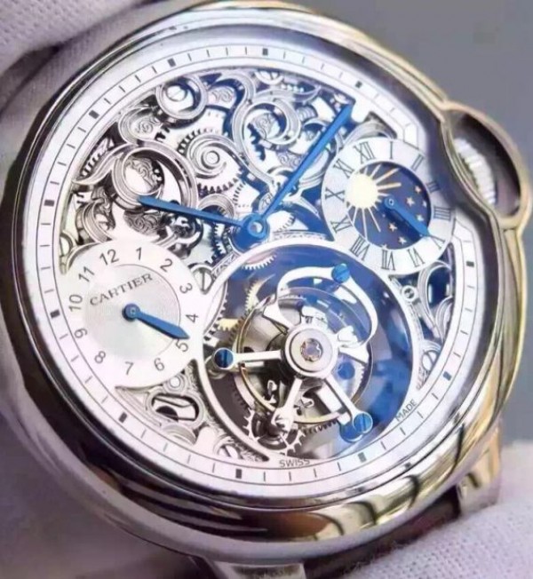 Replica Cartier Ballon Bleu Skeleton Tourbillon White Dial Brown Leather Strap