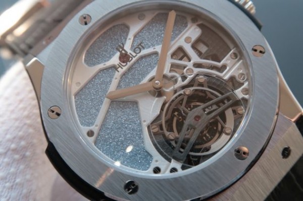 Replica Hublot Classic Fusion Tourbillon 45mm TF Purple Skeleton Dial Black Gummy Strap A23J