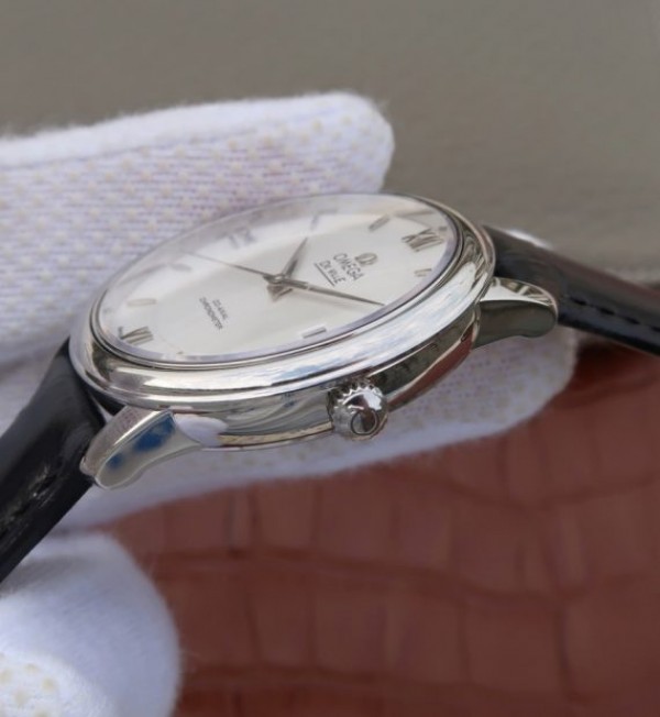 Replica Omega V6 De Ville 37mm SS White Dial Black Leather Strap A2892