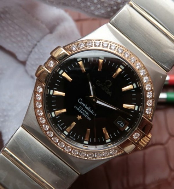 Replica Omega V6 Constellation 35mm Diamonds Bezel Black Dial SS Bracelet A2500