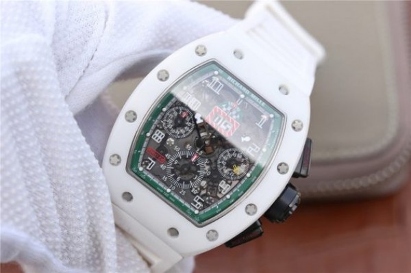 Replica Richard Mille RM011 White Ceramic Felipe Massa Green Inner Bezel White Rubber Strap A7750