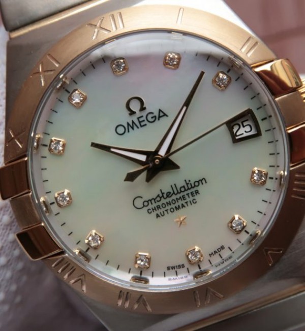 Replica Omega V6 Constellation 35mm White MOP Dial YG Bezel Diamonds Markers SS Bracelet A2500
