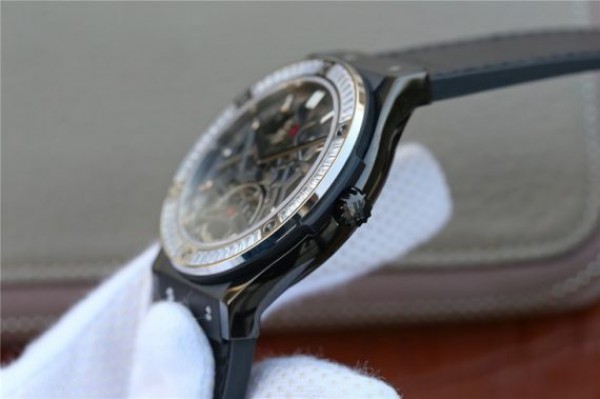 Replica Hublot Classic Fusion Tourbillon 42mm TF SS PVD Diamonds Bezel Skeleton Dial Gummy Strap A23J