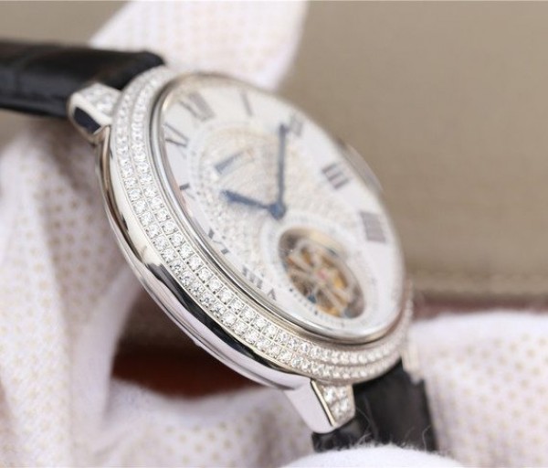 Replica Cartier Ballon Bleu de Cartier Tourbillon SS paved Diamonds Leather Strap