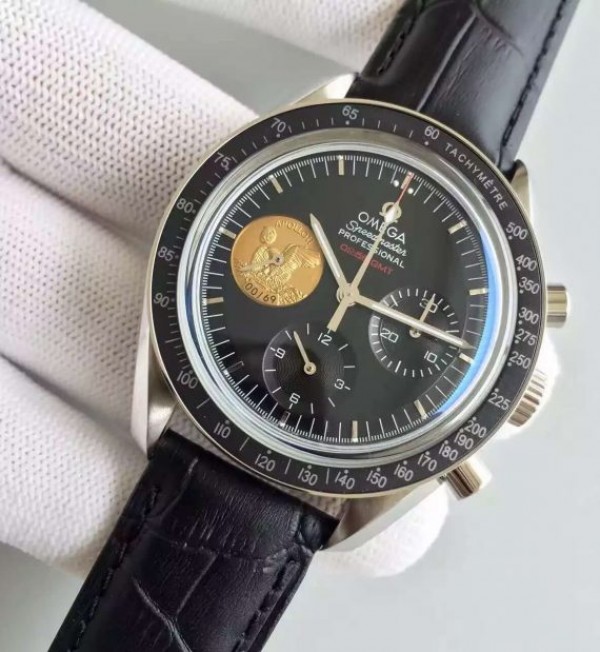 Replica Omega Speedmaster Apollo 11 40th anniversary Black Dial Leather Manual Winding