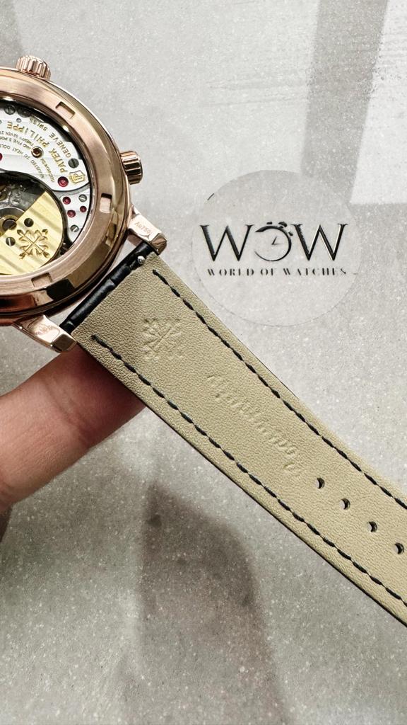 Replica PATEK PHILIPPE 6104P Moon RG Black Dial Diamond Bezel on Black Leather Strap A240 V2