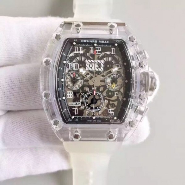 Replica Richard Mille RM011 Transparent Case White Bezel Skeleton Dial White Rubber Strap A7750