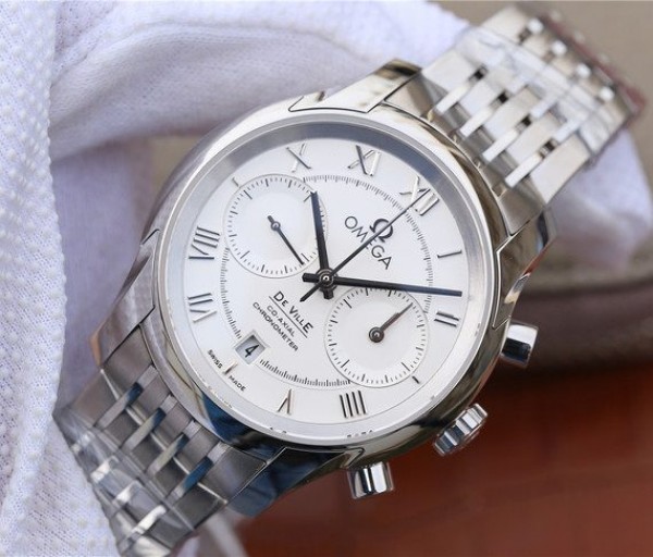Replica Omega OMF De Ville Chronograph 42mm White Dial SS Bracelet A9300