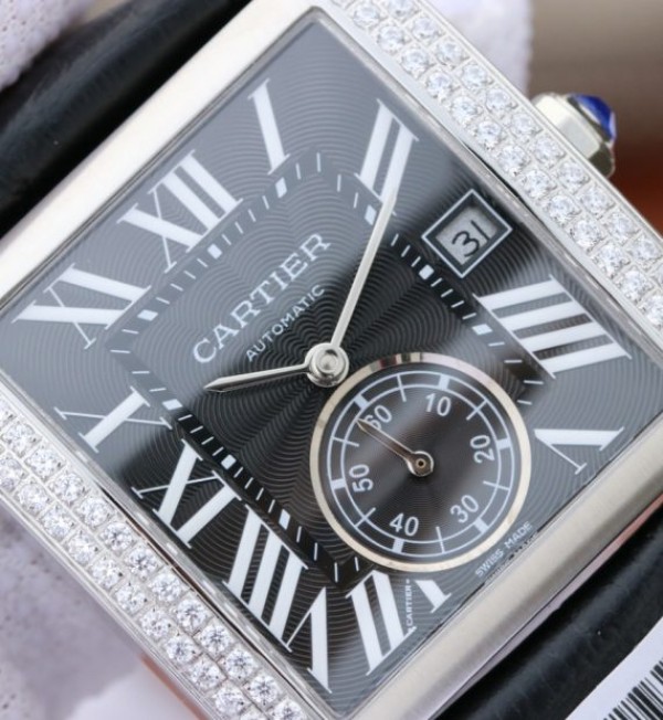 Replica Cartier Tank MC SS Black Dial Diamonds Bezel Leather Strap