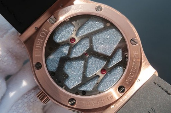 Replica Hublot Classic Fusion Tourbillon RG 45mm TF Skeleton Purple Dial Black Gummy Strap A23J