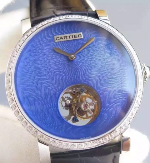 Replica Cartier Rotonde De Cartier Tourbillon Diamonds Bezel Blue Dial