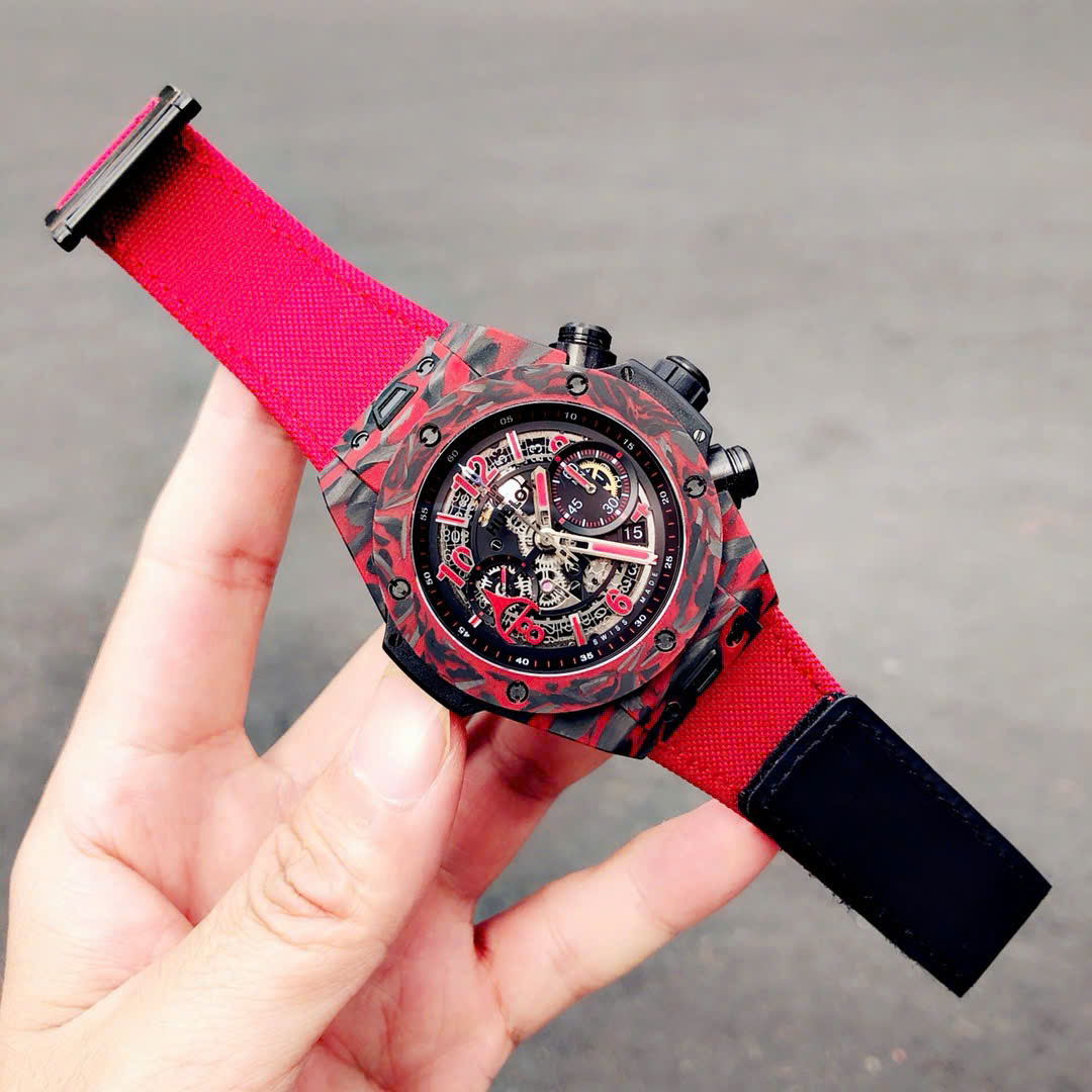 Hublot Big Bang Unico Red Carbon Replica Watches Best Quality Fabric Strap 45mm