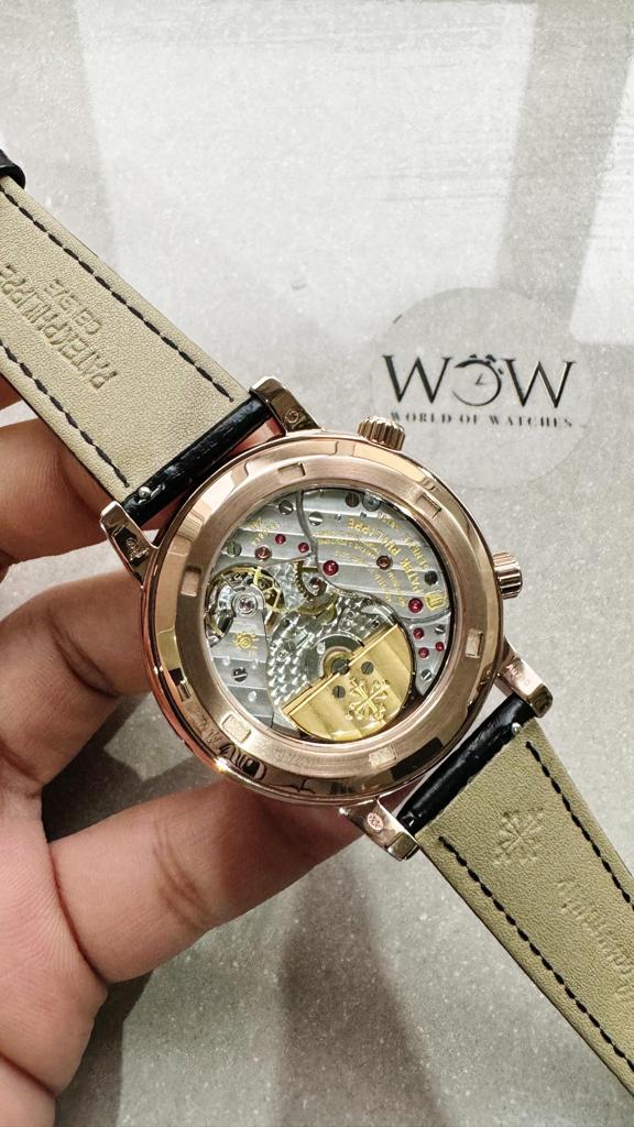 Replica PATEK PHILIPPE 6104P Moon RG Black Dial Diamond Bezel on Black Leather Strap A240 V2