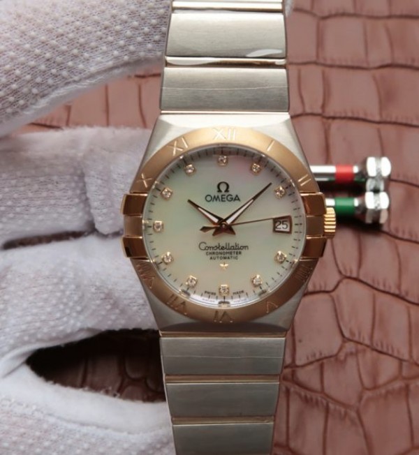 Replica Omega V6 Constellation 35mm White MOP Dial YG Bezel Diamonds Markers SS Bracelet A2500