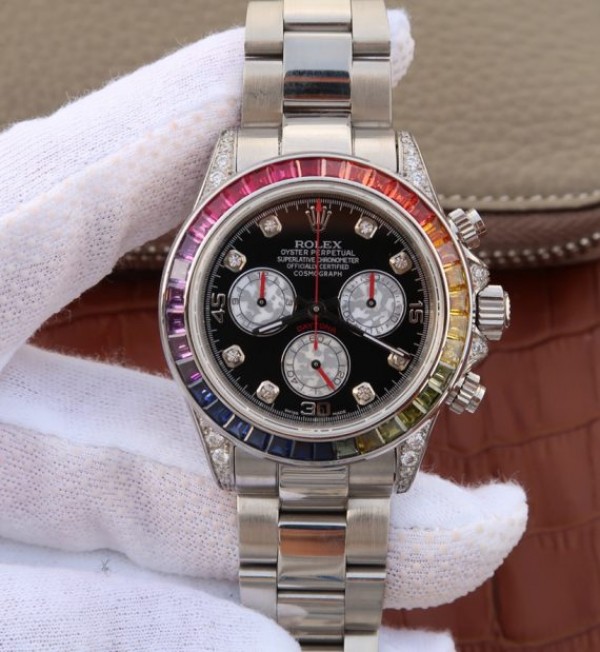 Replica Rolex Daytona 116599 Colorful Crystal Bezel Black Dial SS Bracelet A7750