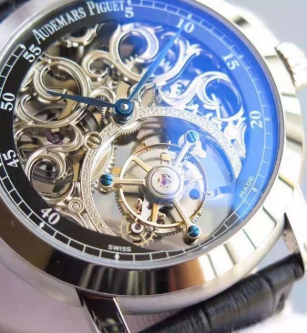 Replica Audemars Piguet Jules Audemars Skeleton Tourbillon SS Black Dial Leather Strap