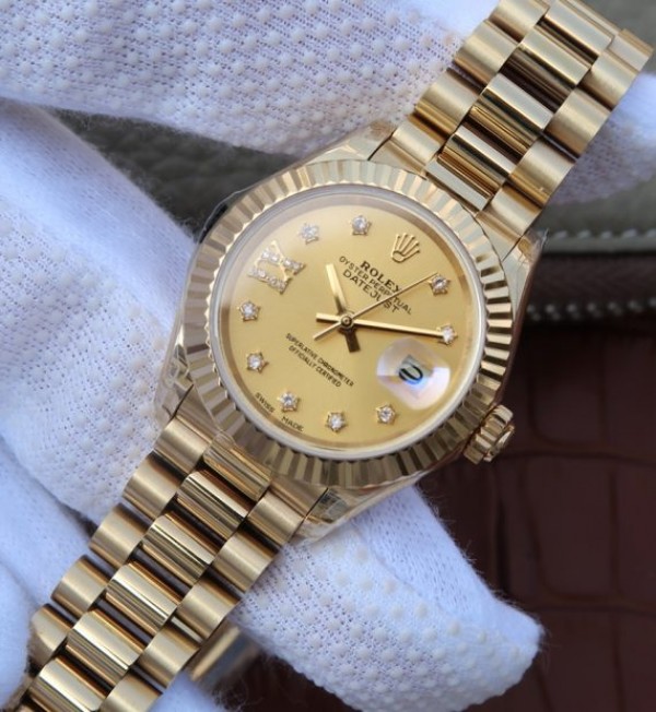 Replica Rolex DateJust 31mm Fluted Bezel RG Case RG Gold Dial A2235