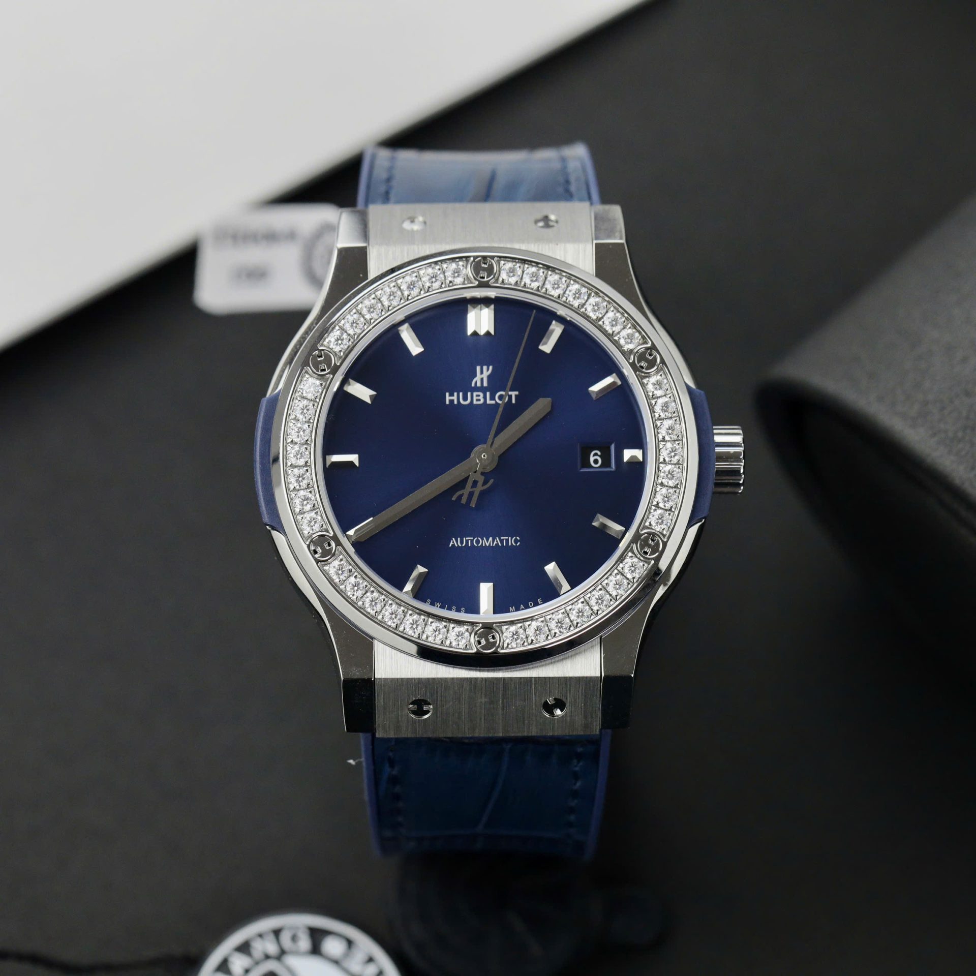 Hublot Classic Fusion Titanium Replica Watches Blue Dial Custom Moissanite Diamonds 42mm